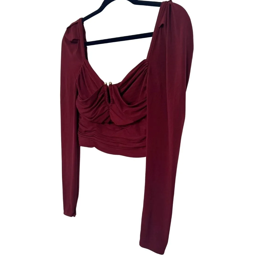 SELF PORTRAIT Cropped Long Sleeve Draped Gathered Knit Blouse Burgundy Top Sz 0 Red - Image 3