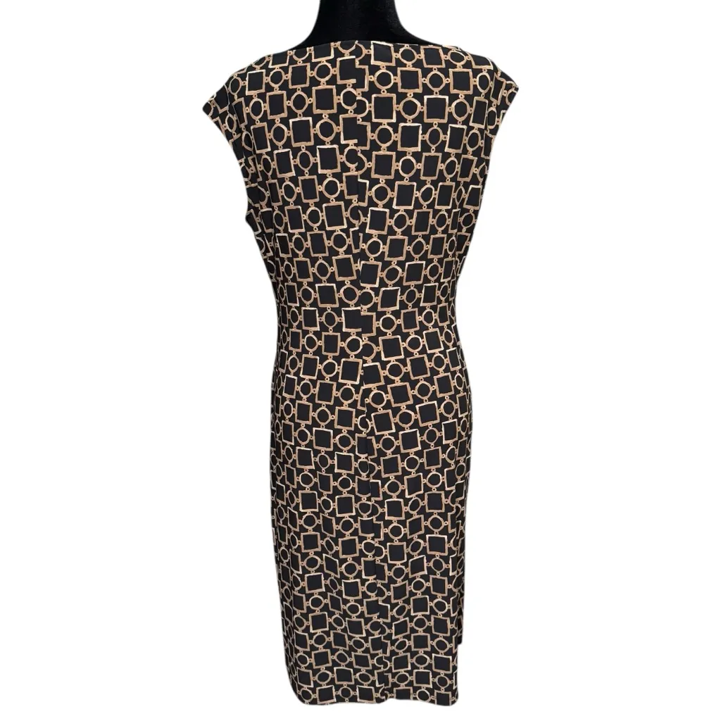 Lauren Ralph Lauren Geometric Print Sheath Dress Black Tan Ruched Size 12 - Image 4