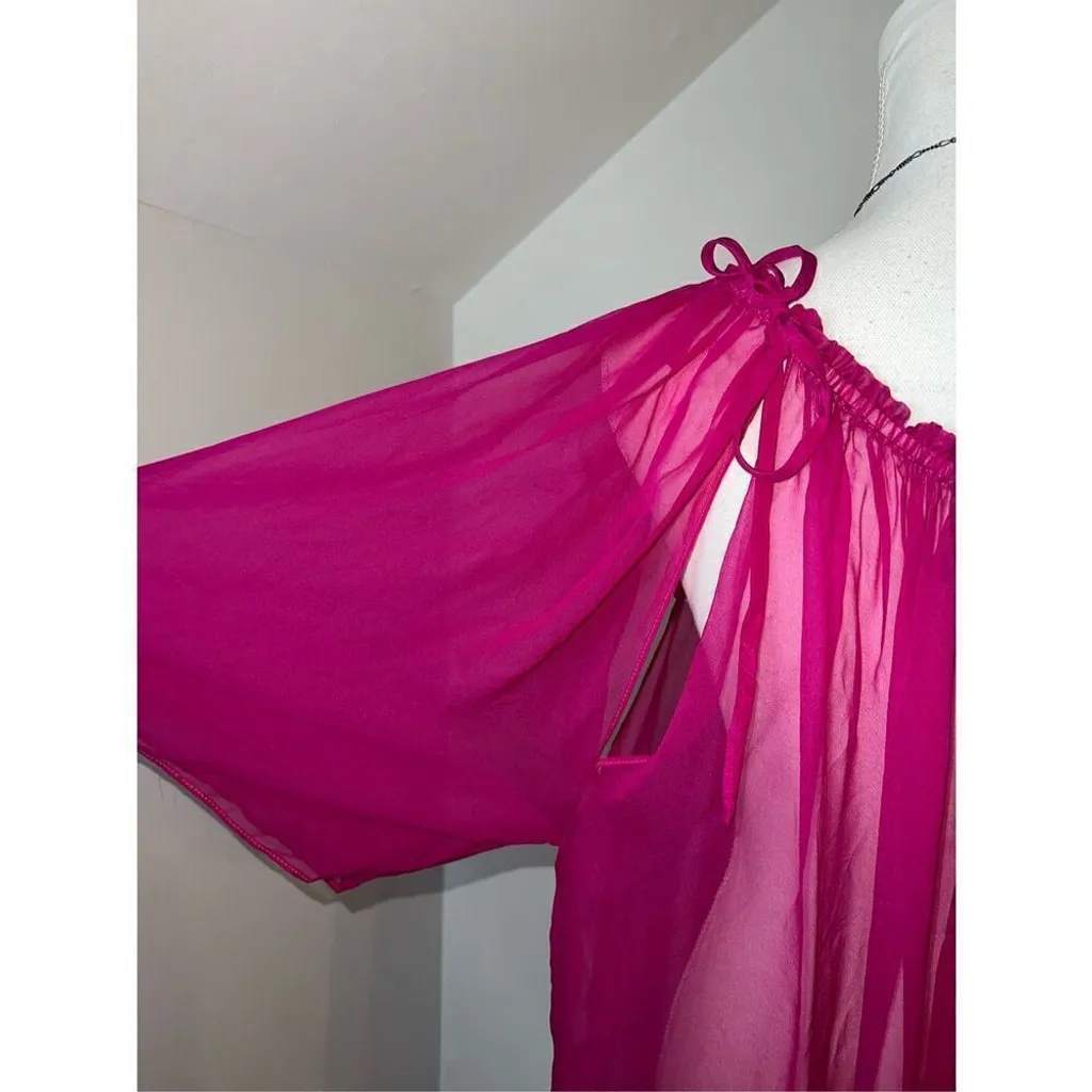 Semi Sheer Swim Cover Pink 100% SILK MIDI Dress Large - Image 9