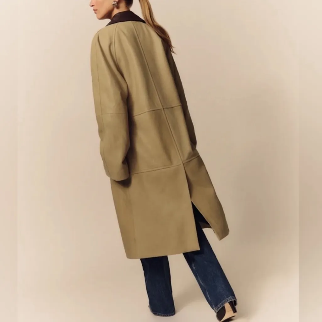 NWT Reformation Veda Beck Leather Long Trench Coat in Oat Distressed Mole Tan - Image 2