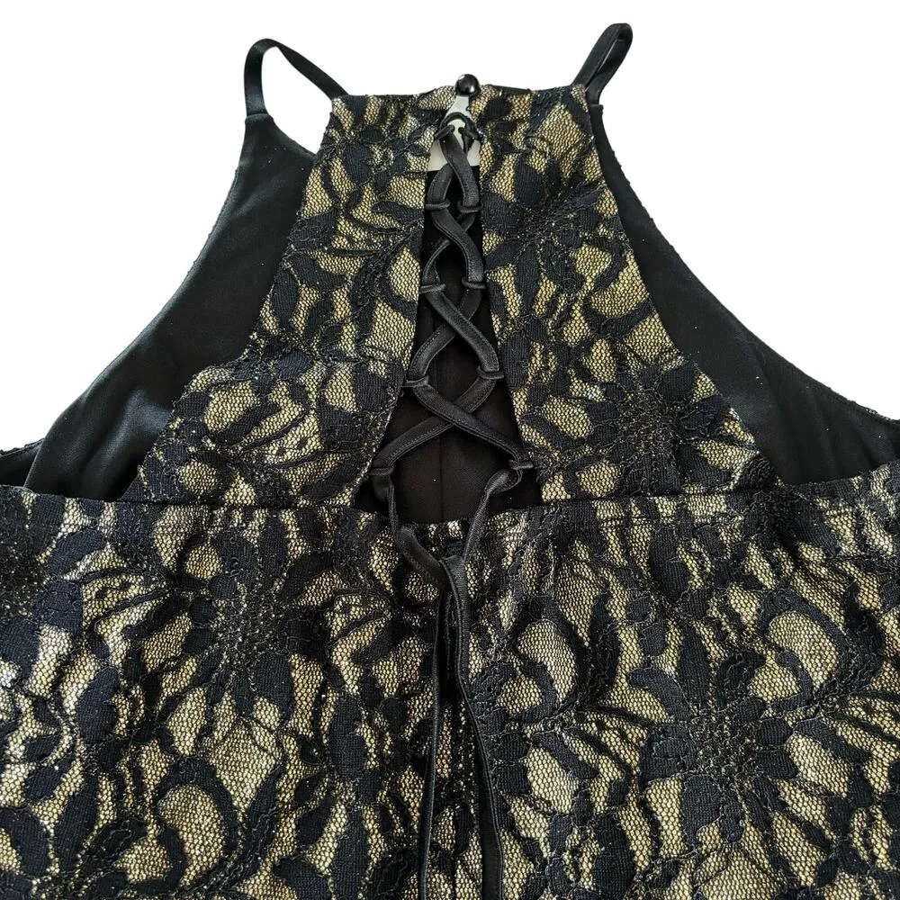 Bailey Blue Black and Gold Floral Lace Overlay Glitter Long Maxi Dress Gown - Image 8