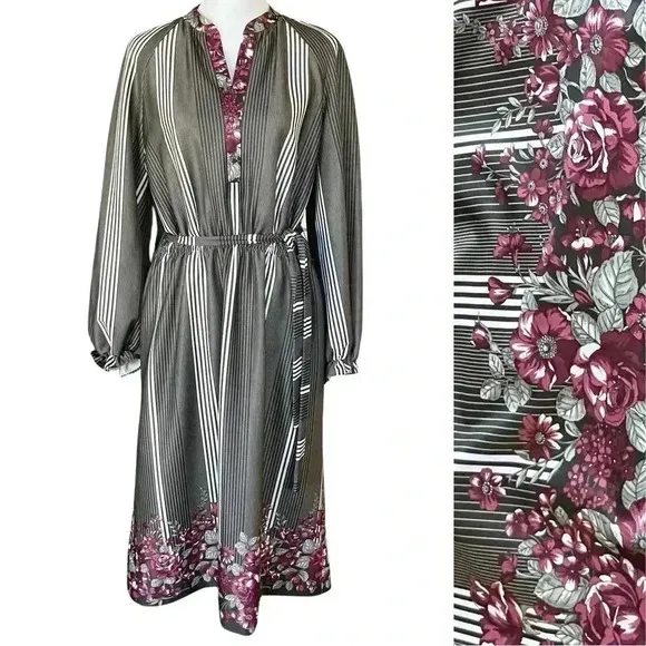 Vintage 70s Bohemian Checkaberry Grey Green Floral Long Sleeve Maxi Dress. Sz L Gray Size L - Image 2
