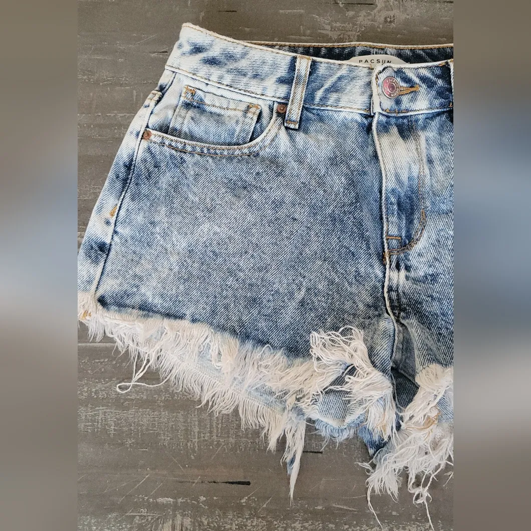 P A C S U N Hi-Rise Festival Acid Wash Raw Hem Jean Shorts Size 24 - Image 2
