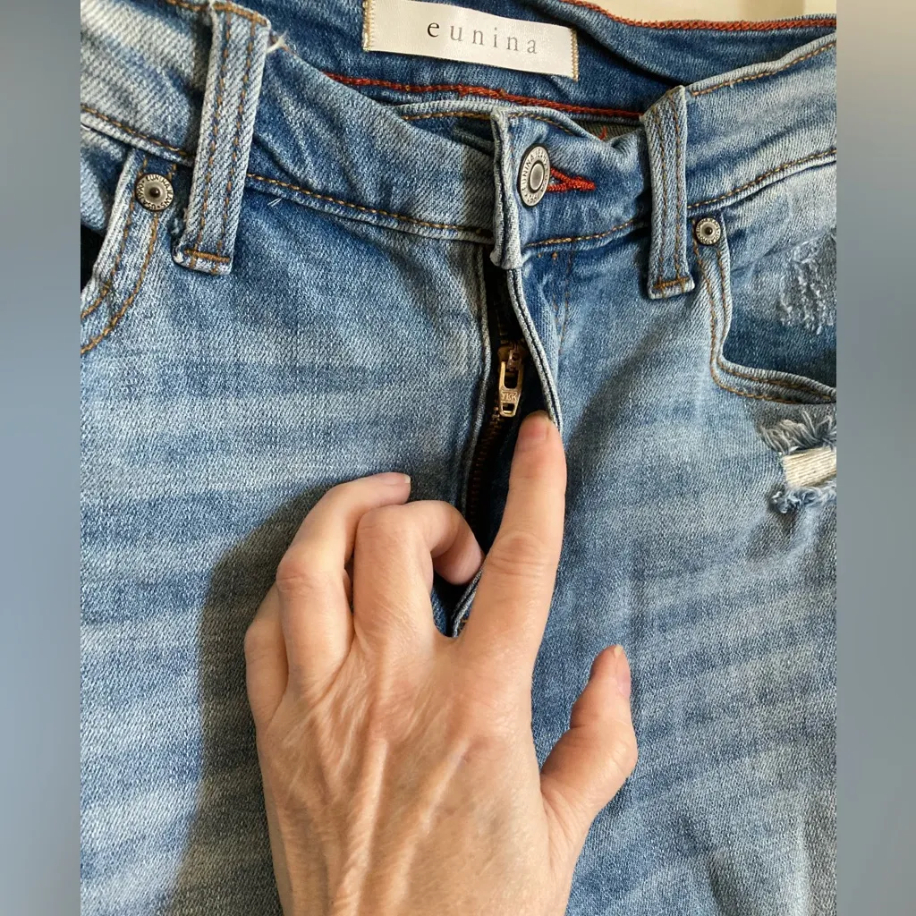 Eunina Medium Wash Frankie Low Rise Girlfriend Distressed Ripped Denim Jeans #S - Image 7