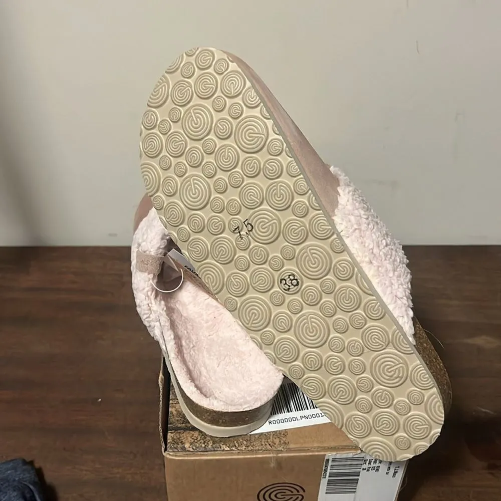 GENUINS Clog Pink Suede Faux Sherpa Cozy Slip On Slipper Slide Shoes Tan Size 7.5 - Image 6