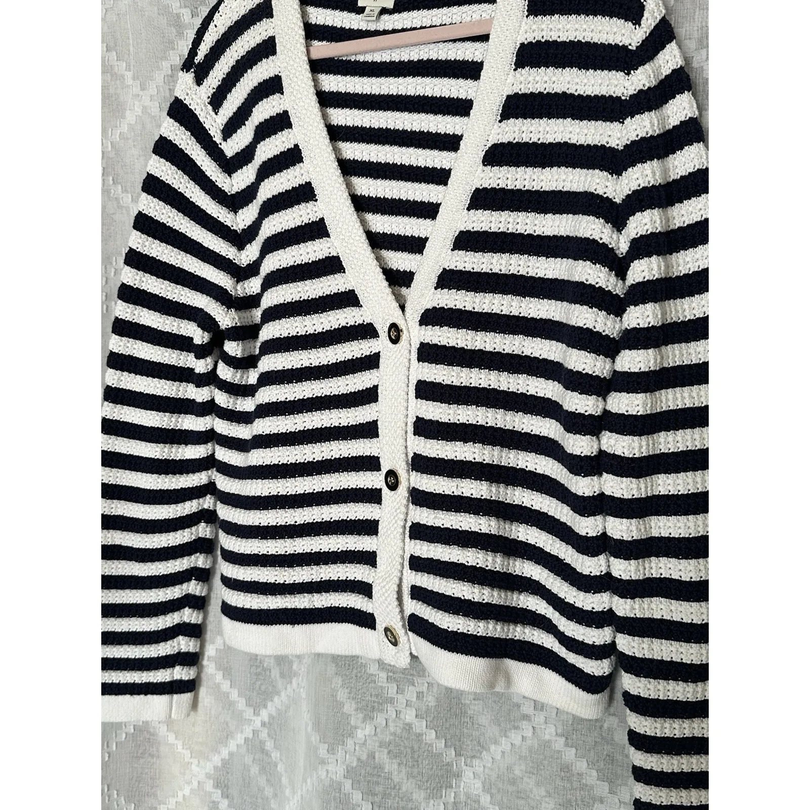 J Crew Womens XL Black White Striped V Neck Sweater Classic Preppy Comfort - Image 2