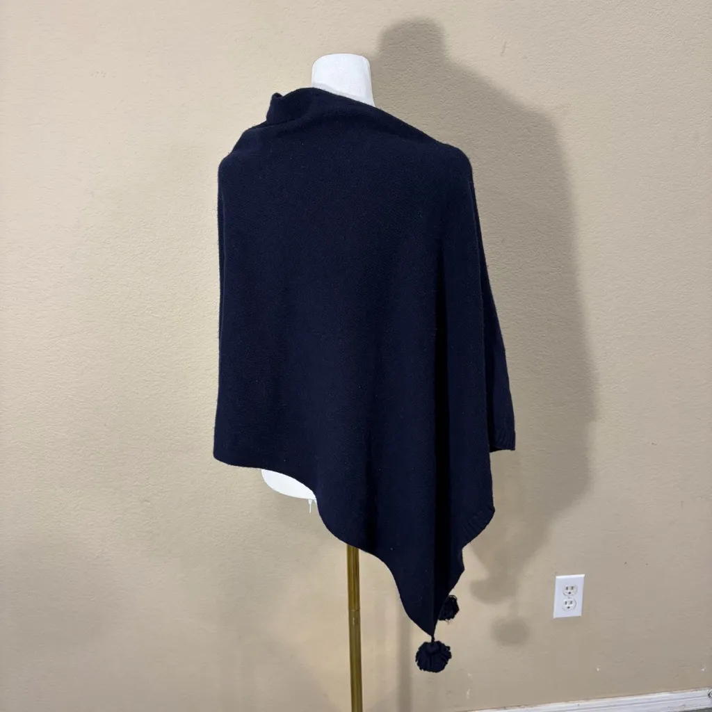Talbots One Size Cashmere Wool Blend Navy Poncho Fringe Ball Classic Luxury - Image 4