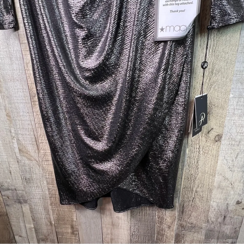 Adrianna Papell Sz 2 SilverGray Metallic Surplice Peplum Long Sleeve Tul… - Image 3
