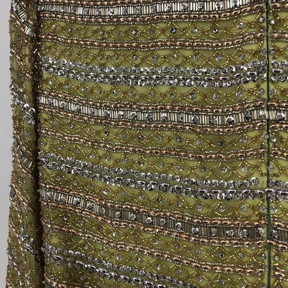 60’s Vintage Victoria Royal Avocado Green Beaded Bodice Gown with Bow - Image 8