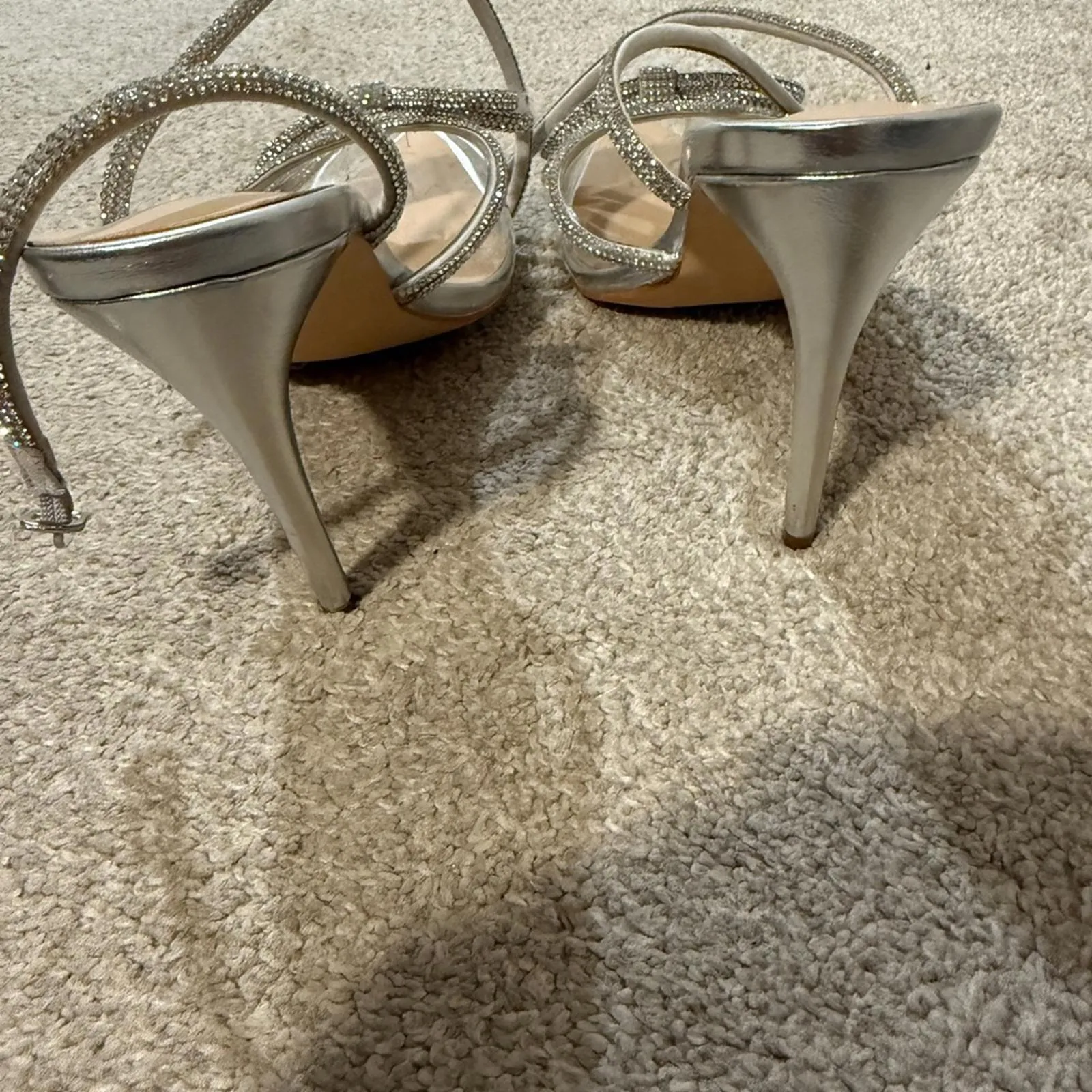 Women's Silver High Heel Sandals with Rhinestone Bow Accent - Image 7