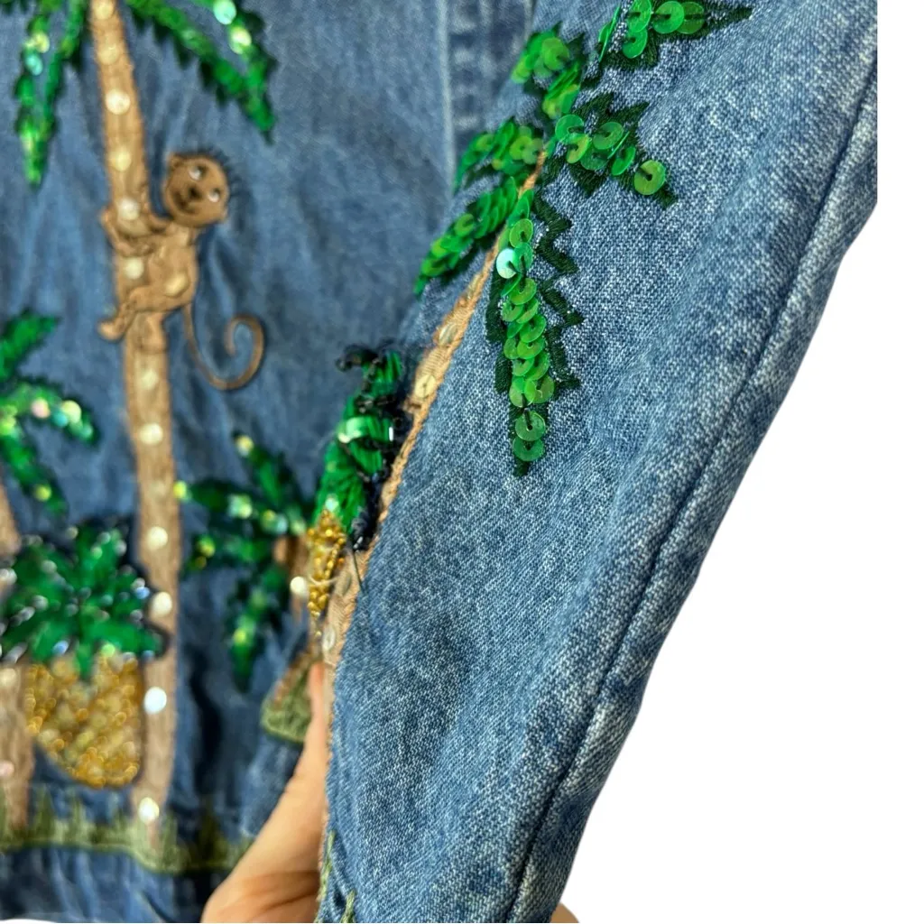 Vtg‎ Denim Button Front Vest Embroidered Sequin Palm Trees Monkey Novelty Sz L Blue Size L - Image 3