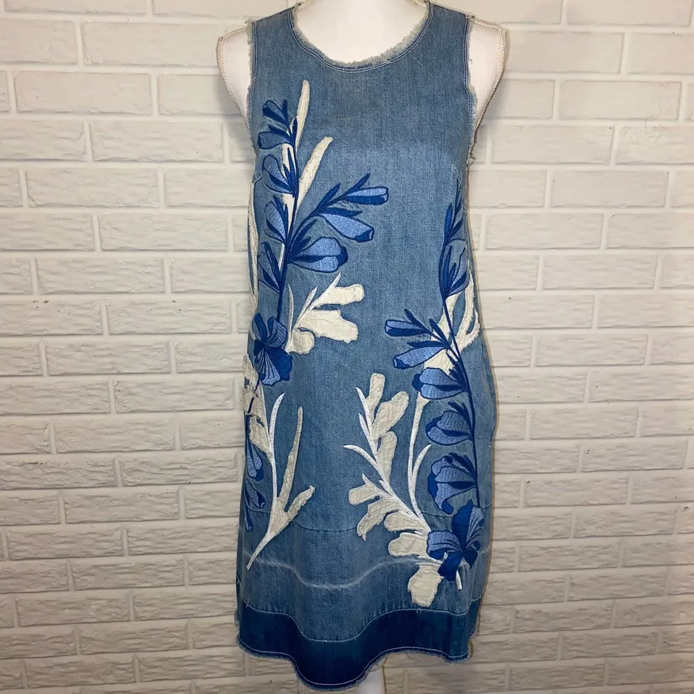 Anthropologie Holding Horses Denim Leaves Appliqué Mini Shift A-line Dress, XS - Image 8