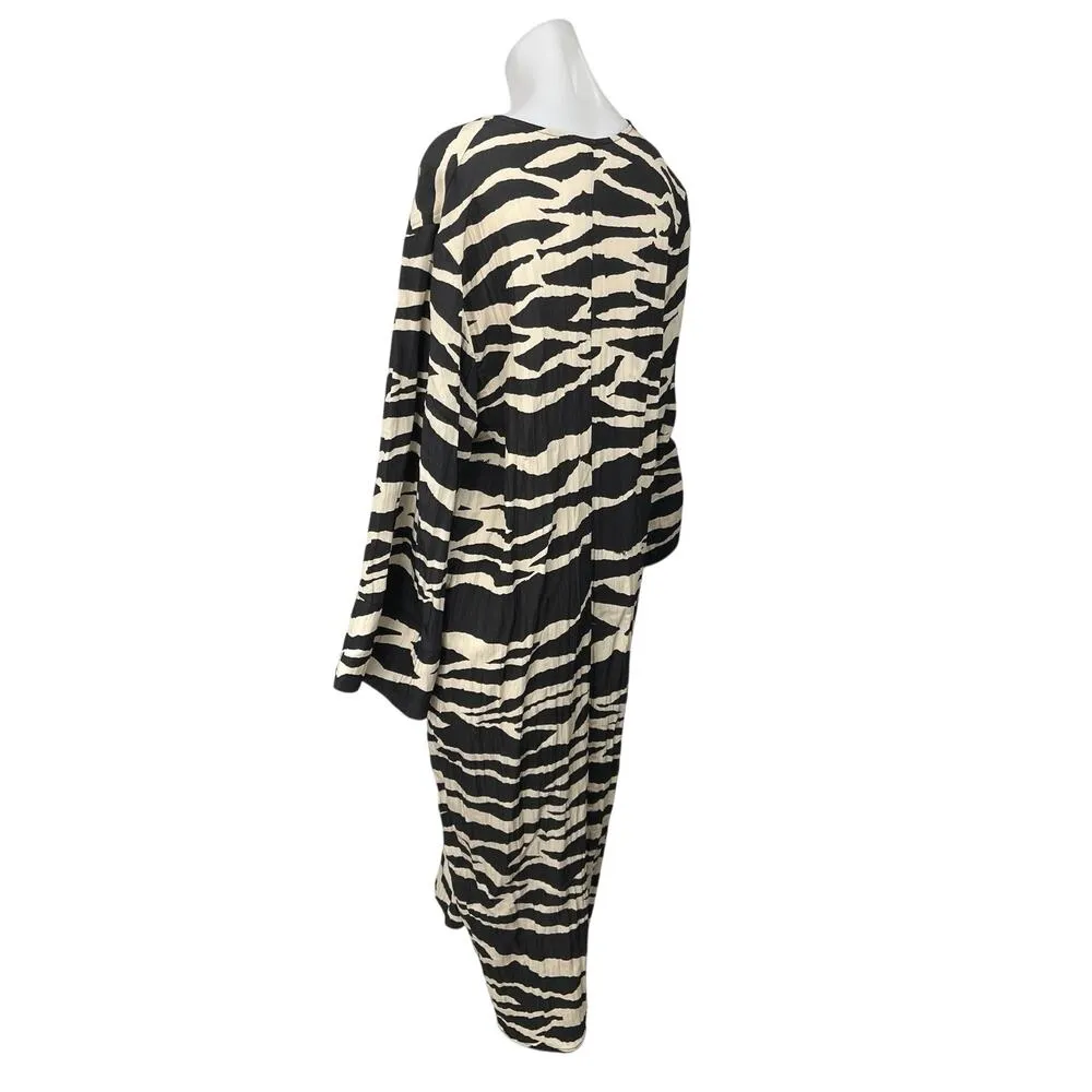 H&M Black Cream Zebra Animal Print V Neck Twist Long Sleeve Maxi Dress Size L - Image 2