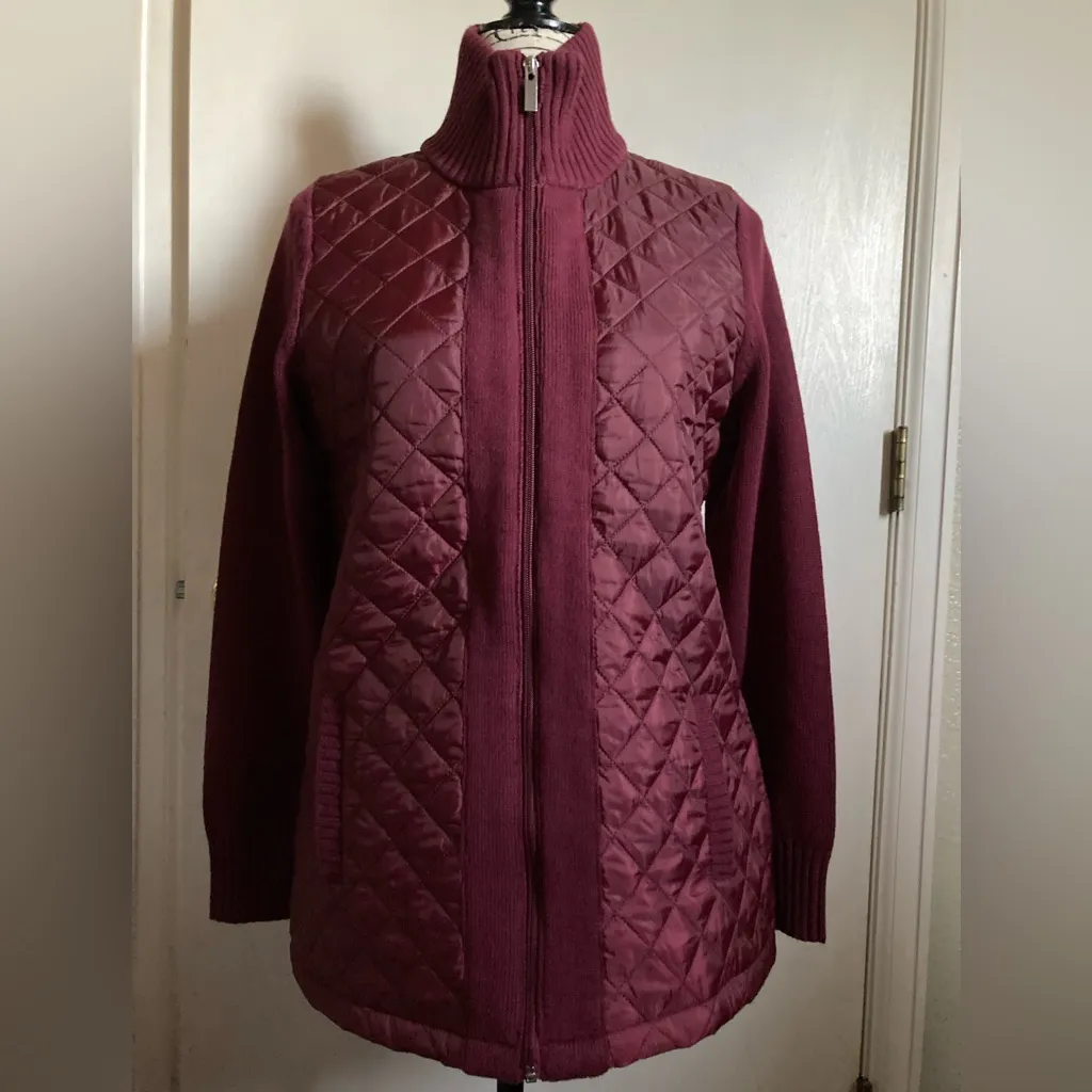 Denim & Company Heritage Maroon Quilted Woven-Front Sweater Jacket #W - Image 3
