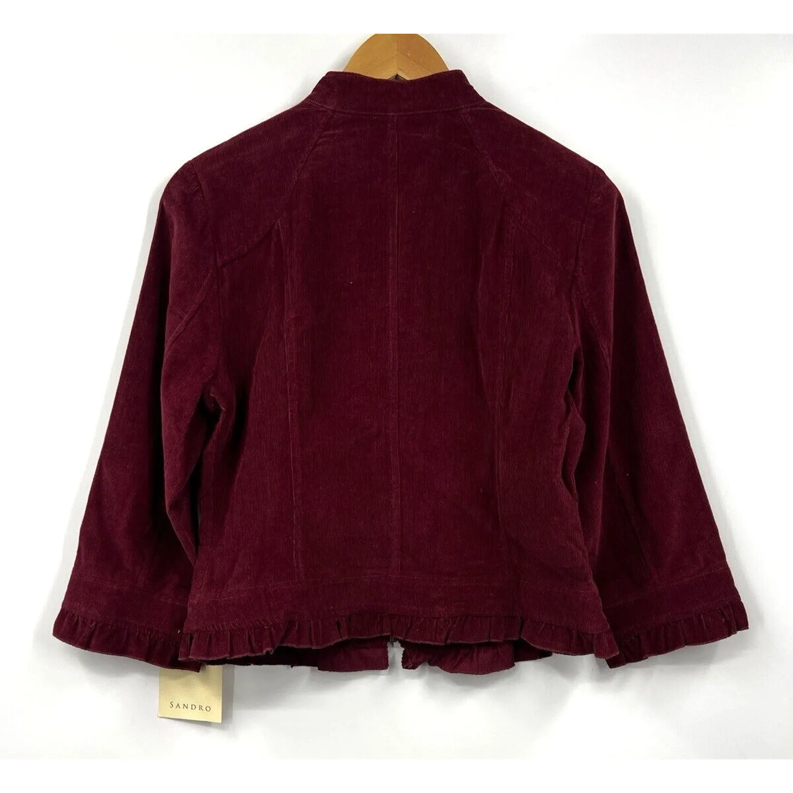 Sandro Womens Ruffle Corduroy Jacket Sz M Red Burgundy Zip Mock‎ Neck Y2K - Image 6