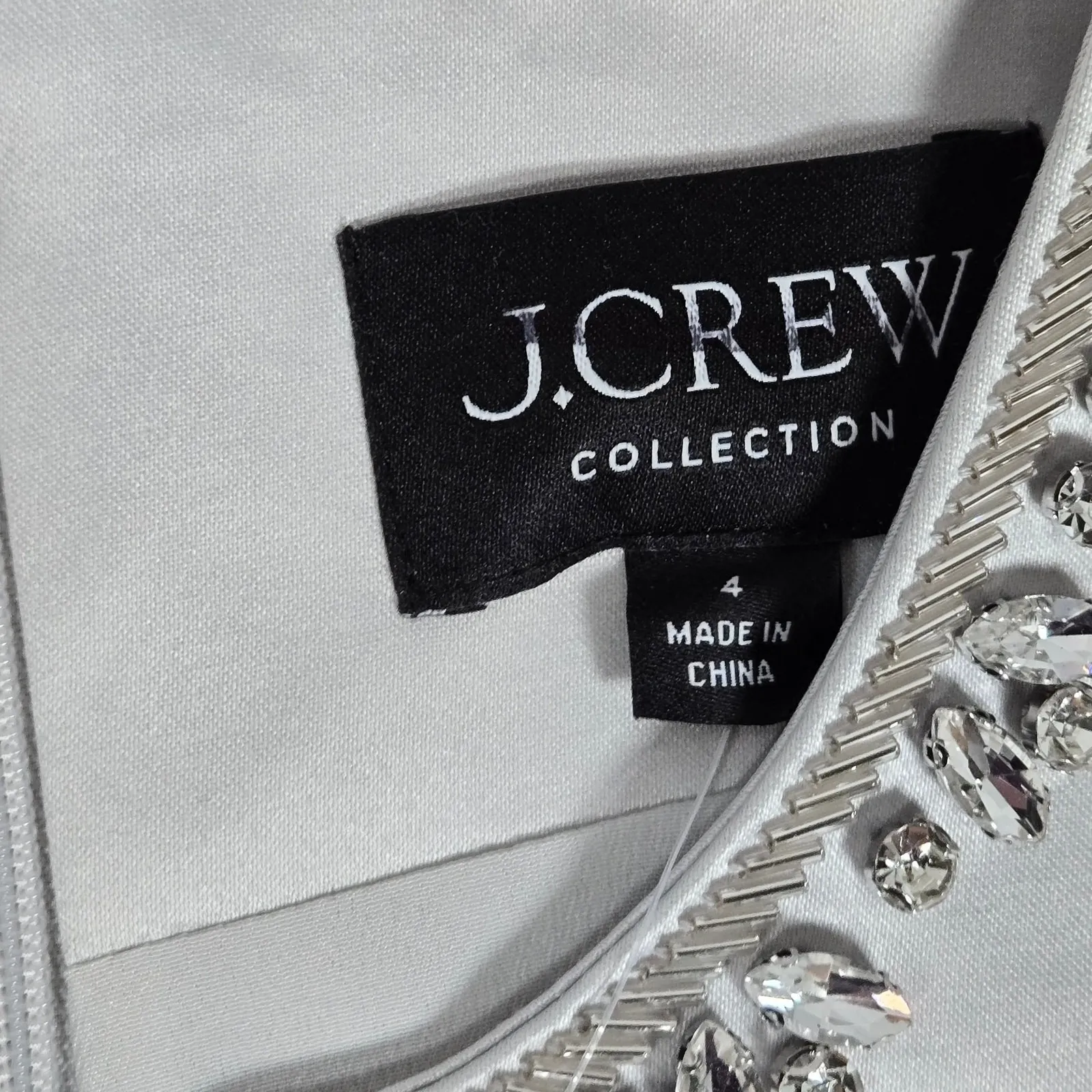 J. Crew Collection Embellished Neckline Short Sleeve A Line Satin Dress Silver 4 - Image 5