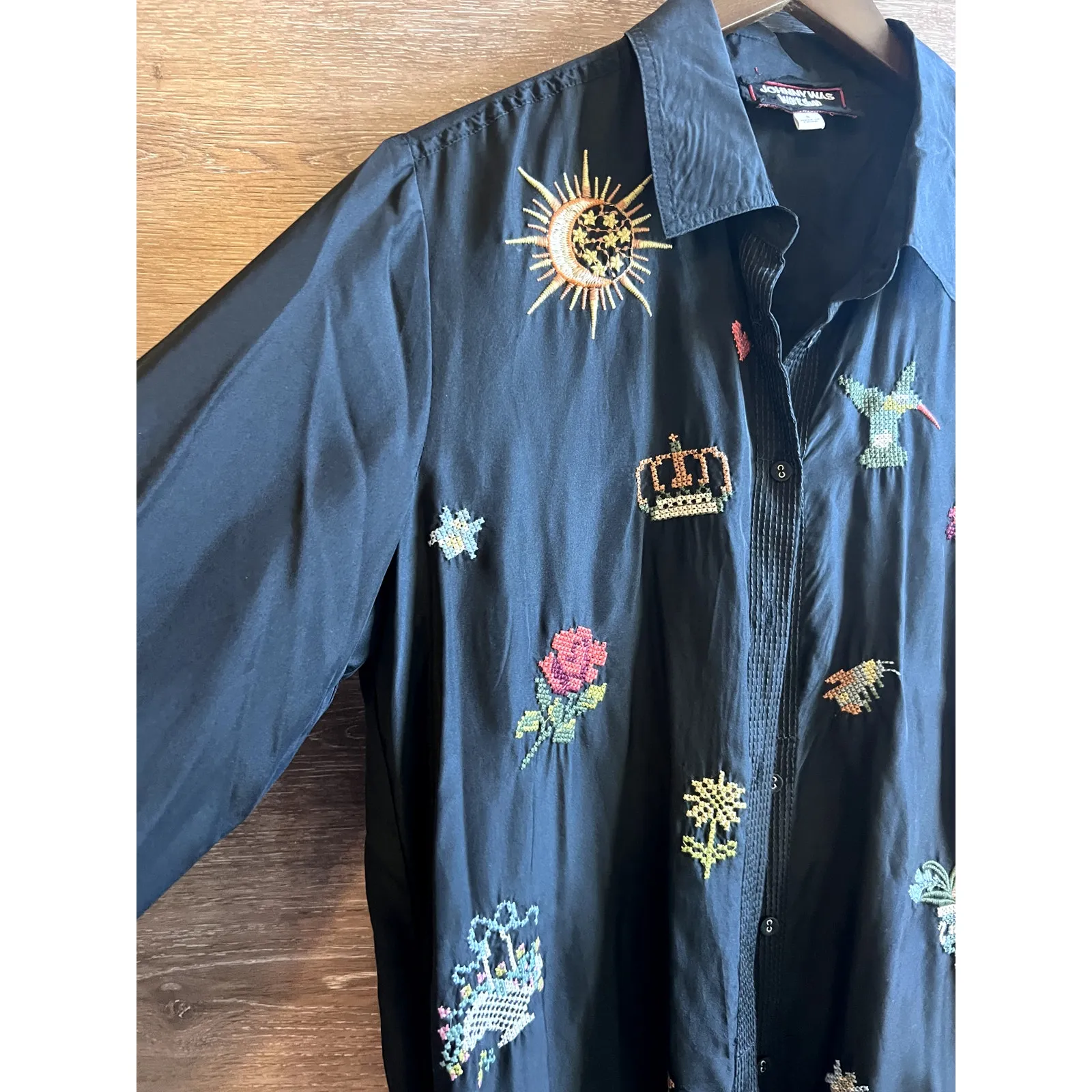 Johnny Was Dress Small maxi  Black Sill embroidered full buttons long sleeves - Image 3