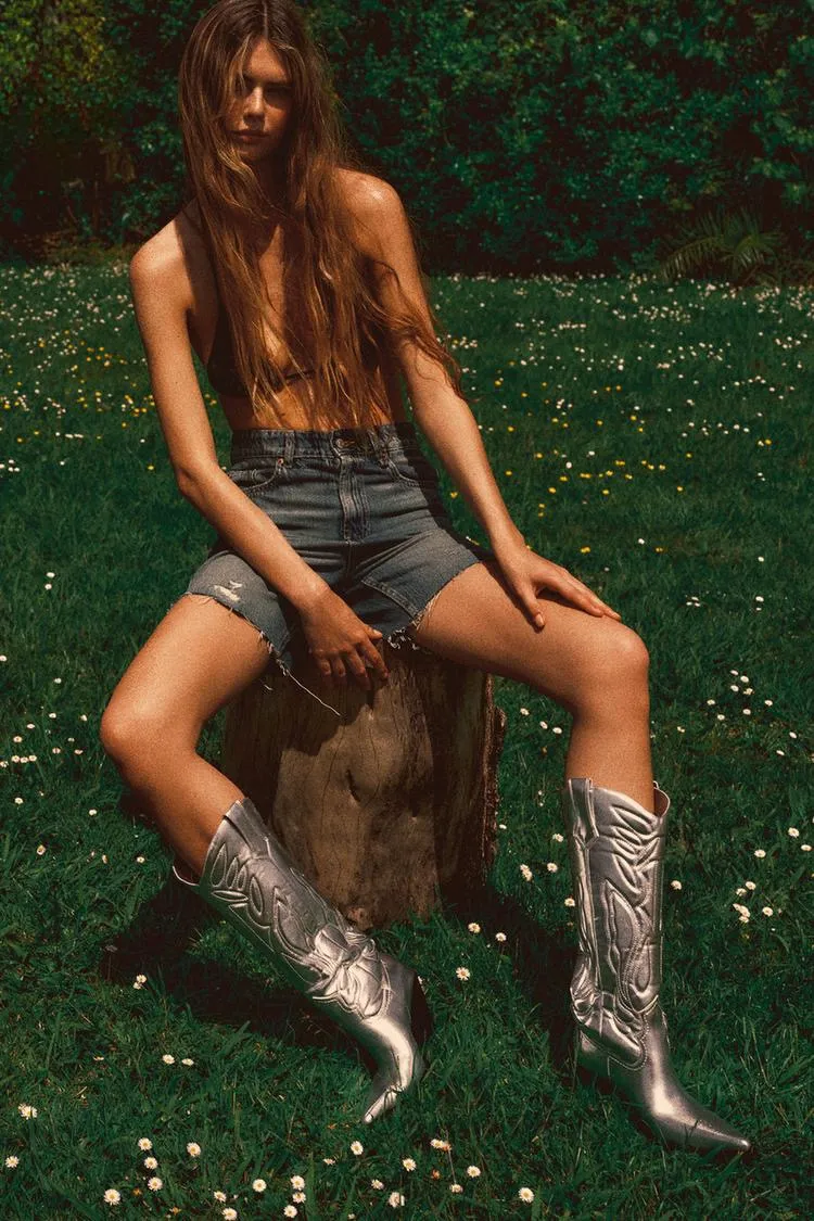 Cowboy Boots Mid Calf Metallic Silver Western Boots - Image 8