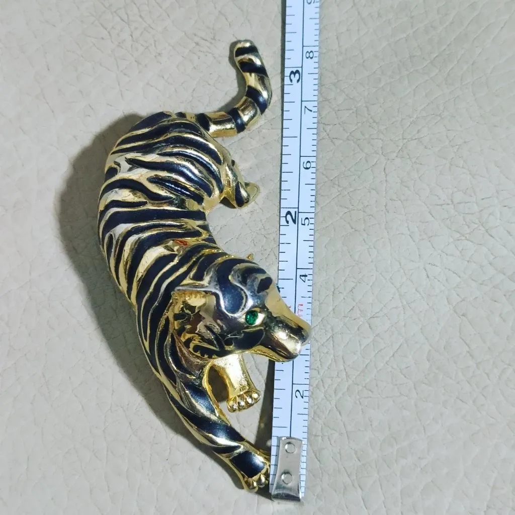 Long Tiger Brooch Black Enamel Stripe Vintage Gold Tone Emerald Green Eye 3 Inch - Image 2