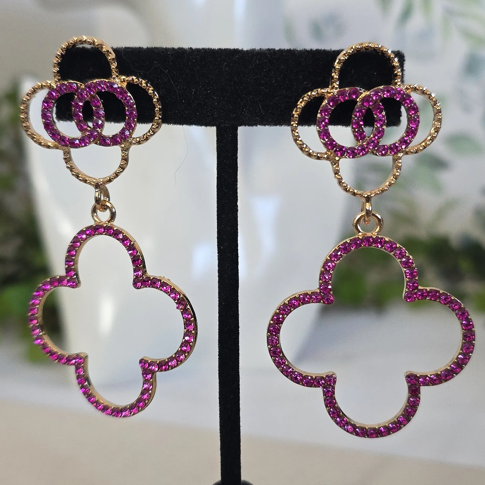 Gold and Fuschia Pink Crystal Clover Flower Drop Earrings - Image 2