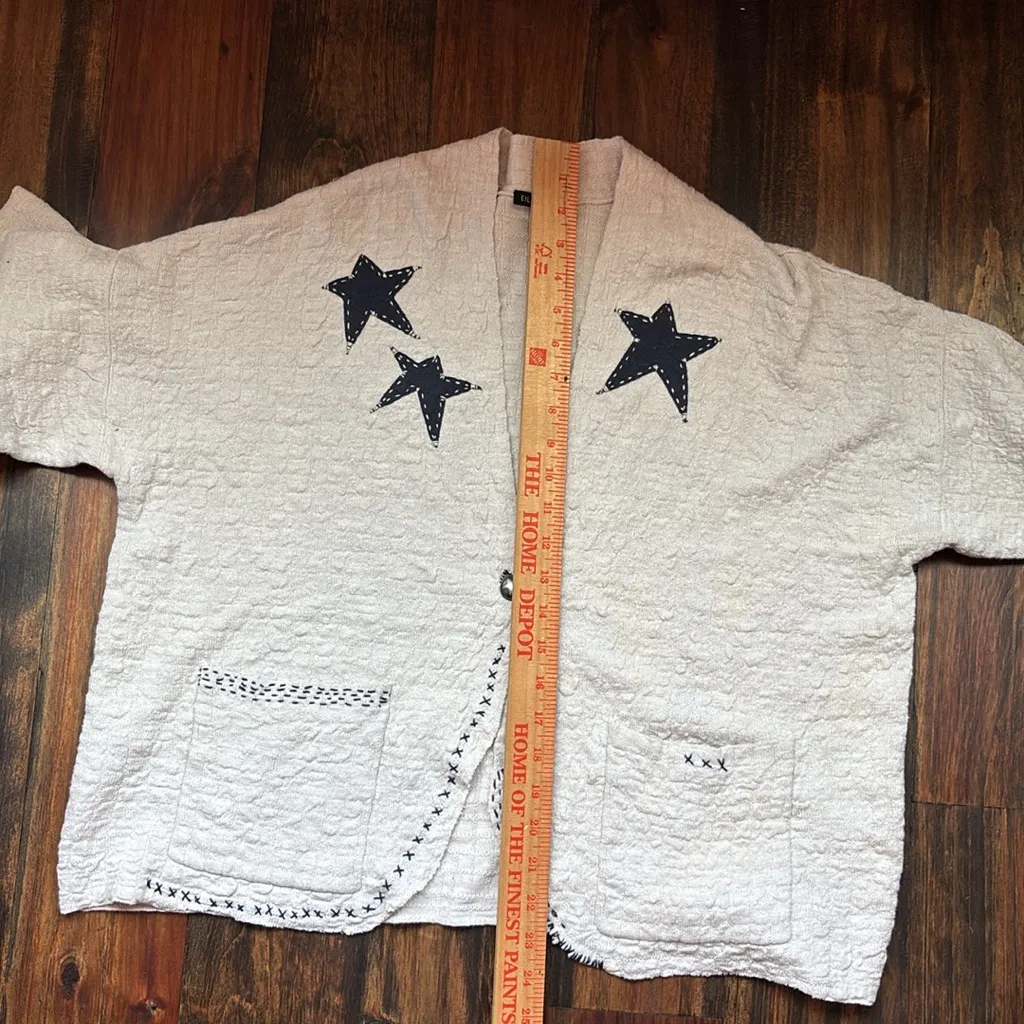 Eileen Fisher Cream Cardigan with Star Accents, 3/4 Sleeves, Size Large Blue - Image 9