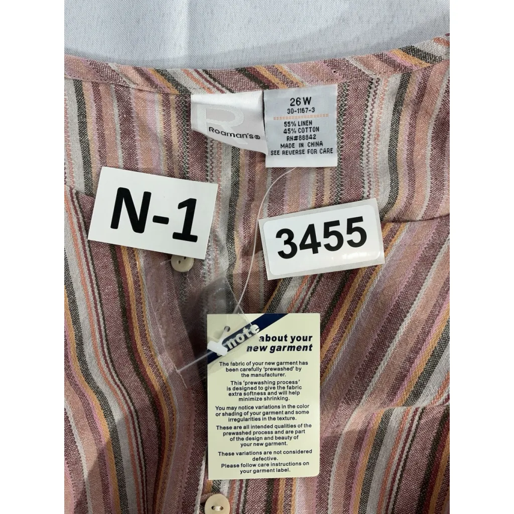 Womans Roamans 26 W Pink Striped 3/4 Sleeve 3/4 Button Up Pullover Blouse NWT Size 26W - Image 3