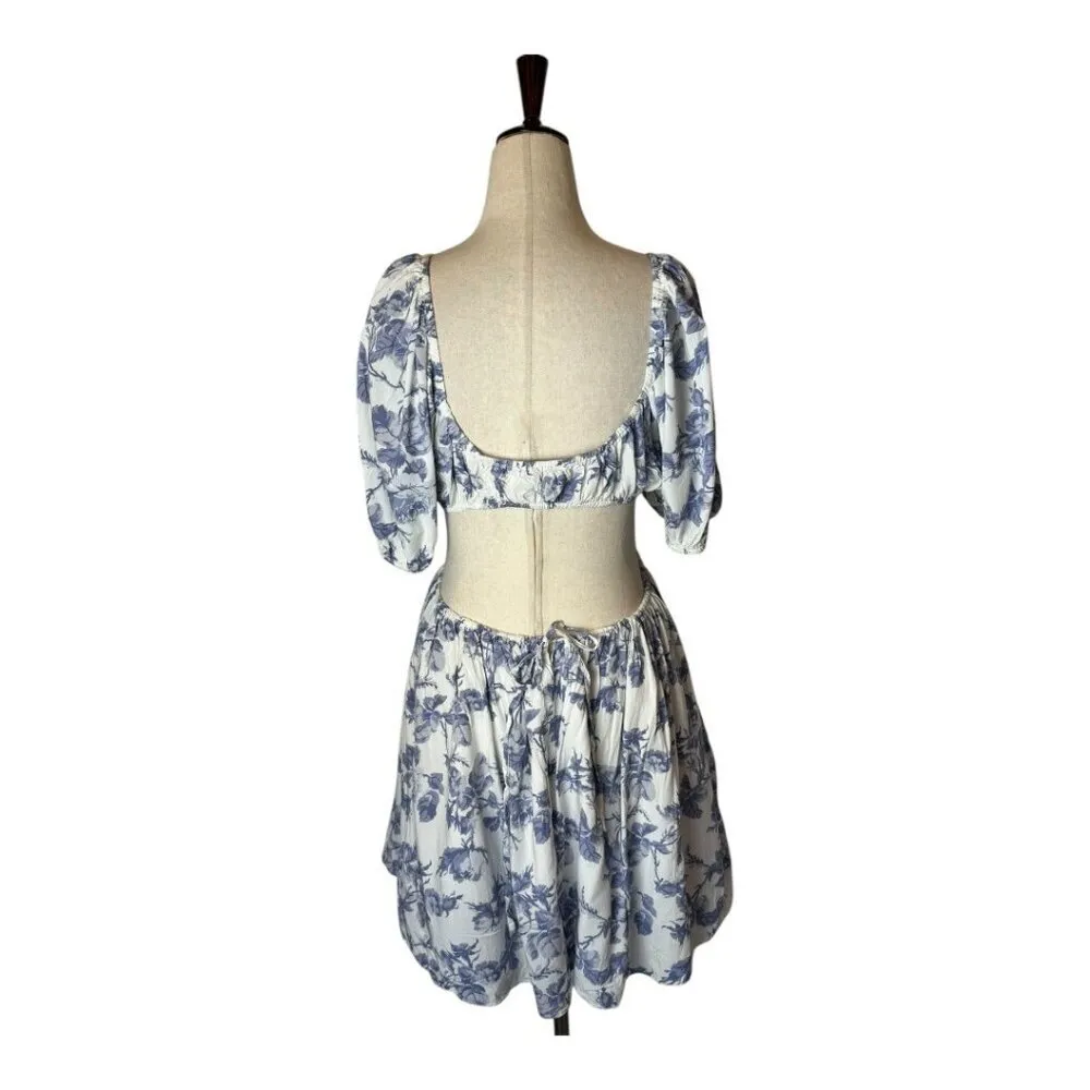 Bardot Dress Women Large Blue‎ White Floral Print Cut Out Eden Mini Cottagecore - Image 4