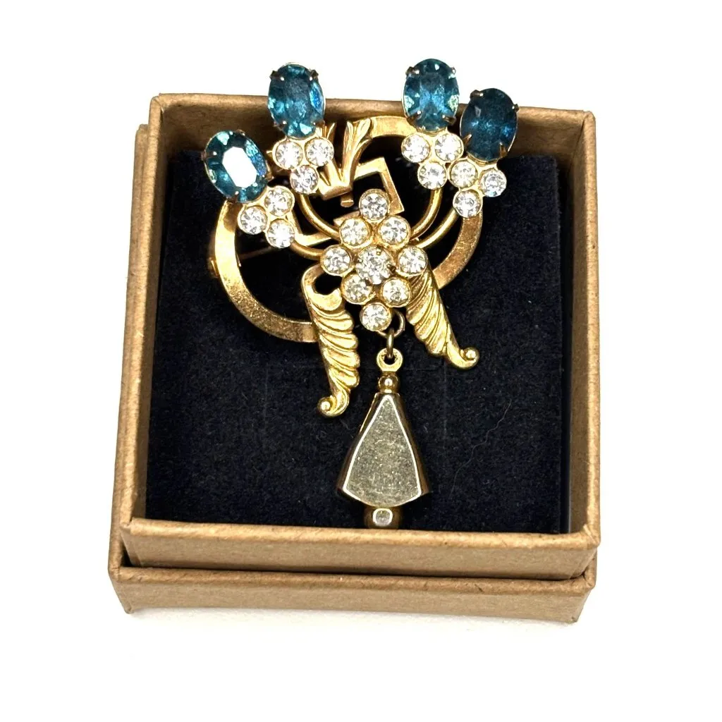 Vintage Gold Tone Rhinestone Brooch With Blue & Clear Stones - Image 2