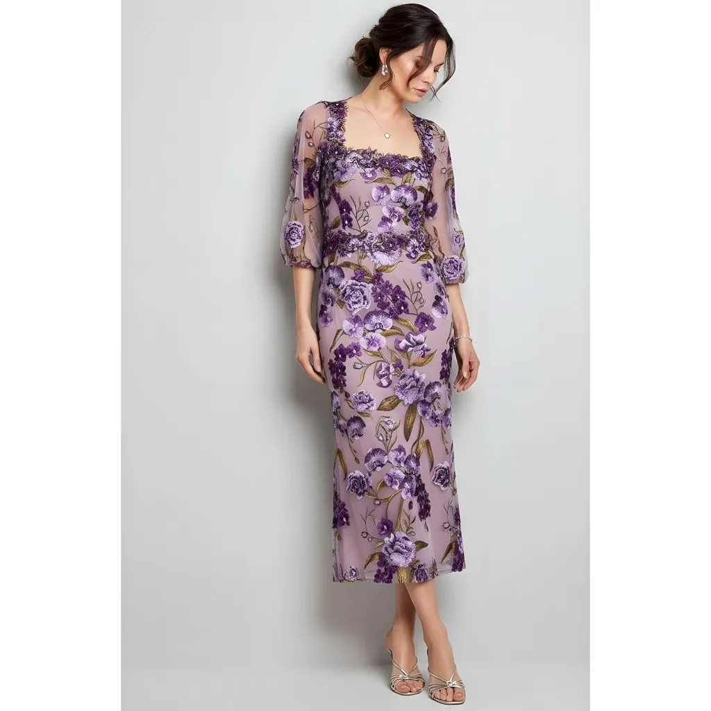 MARCHESA NOTTE Orchid & Rose Embroidered Tulle Cocktail Dress, Purple, 2 (US) Purple - Image 2