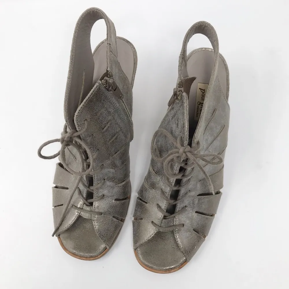 Paul Green Cosmo Leather Peep Toe Lace Up Sandal Bootie Heels shoes metallic 7.5 - Image 86