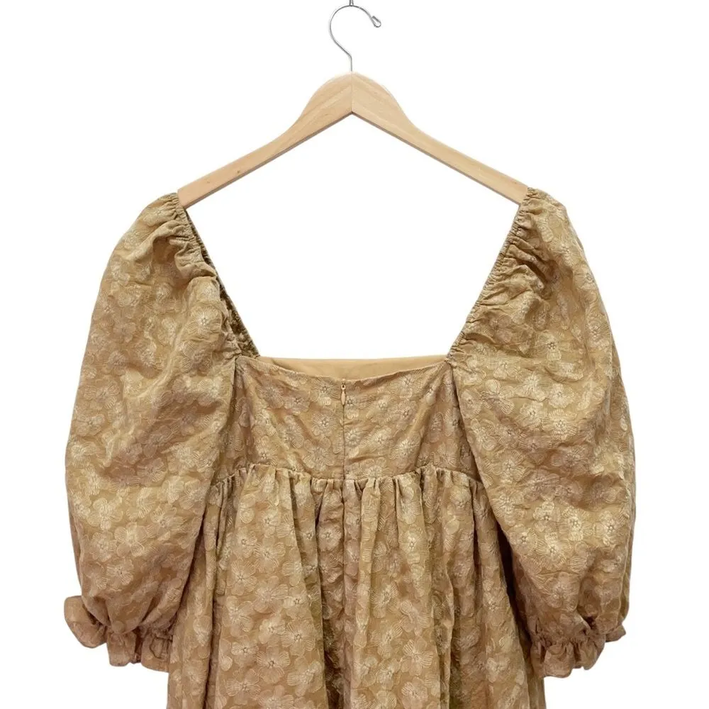 Storia Puff Sleeve Mini Babydoll Dress Tan Floral Textured Square Neck Sz Small - Image 6
