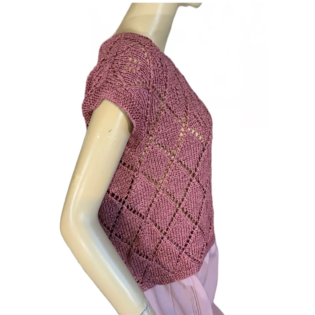 VINTAGE 1980'S PURPLE NYLON CAP SLEEVE LOOSE KNIT PULL OVER SWEATER (M) Size M - Image 3