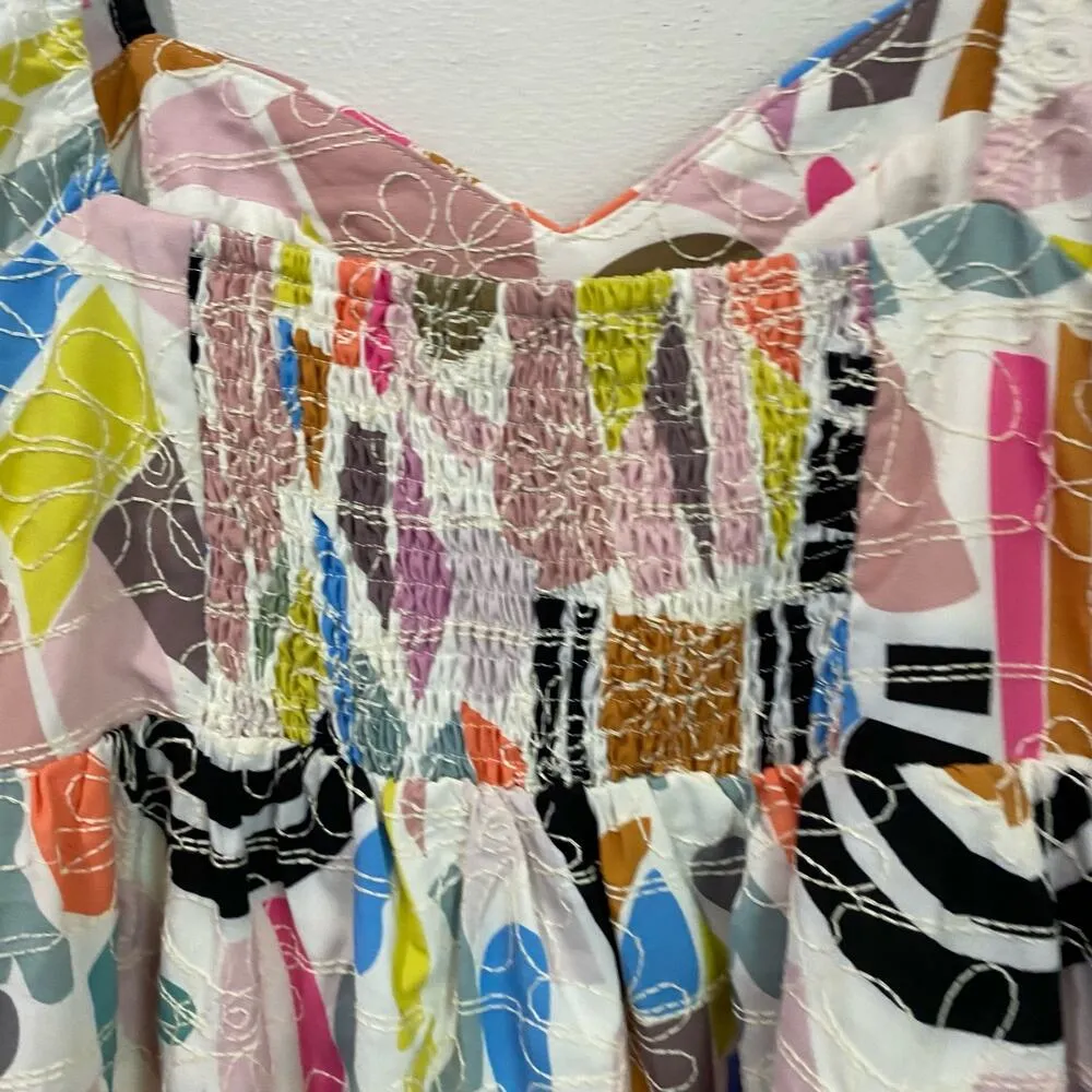 Joy Joy Embrodiered Geo Print Colorful Babydoll Mini Puff Sleeve Dress Sz XS - Image 10
