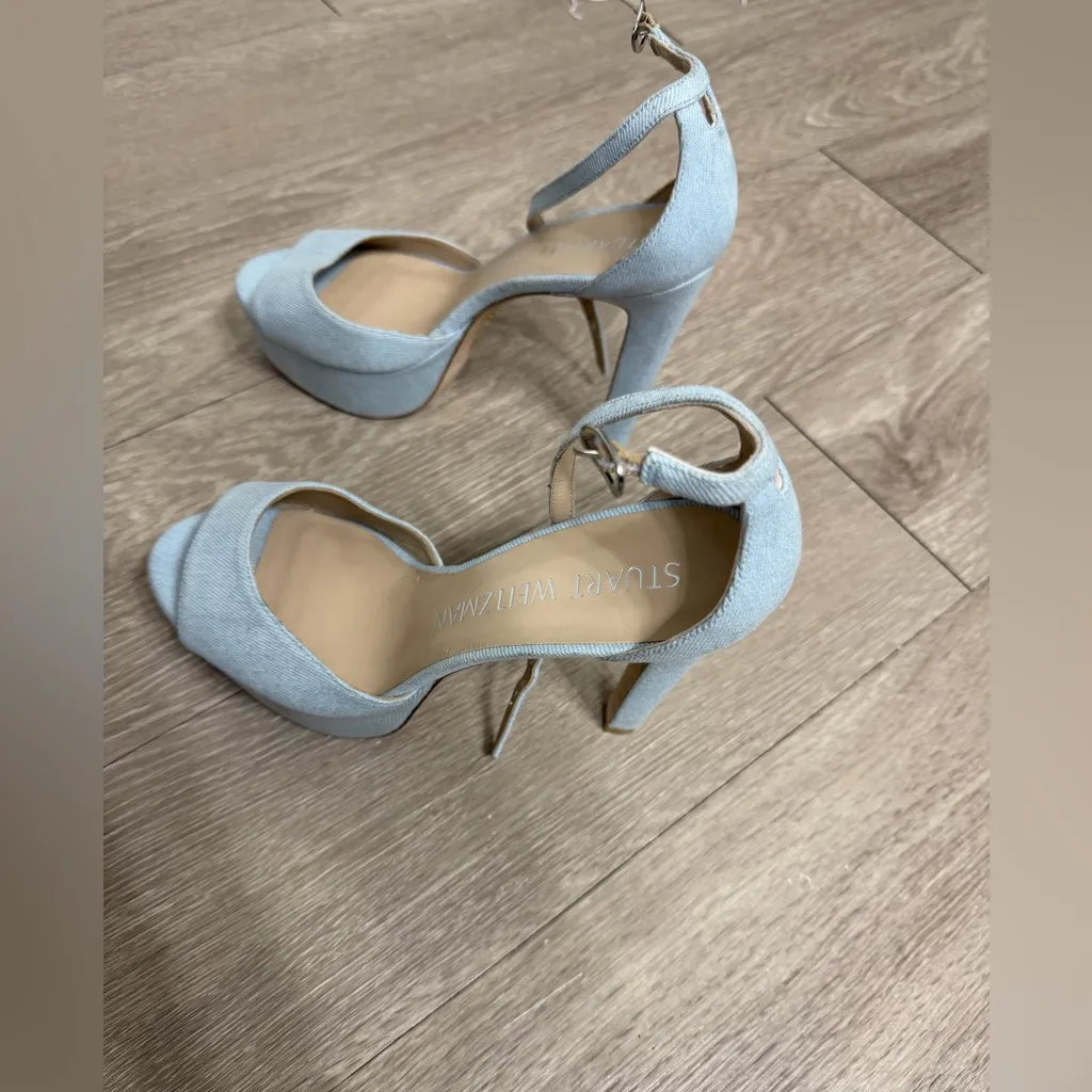 Stuart Weitzman Denim Platform Ankle Strap Heels Size 8.5 - Image 4