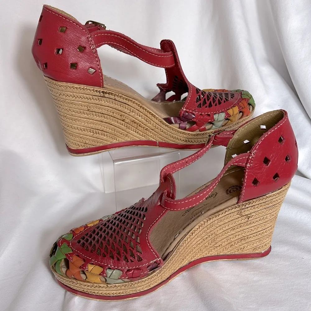 Ana Perez Mexican Leather Wedge Sandals Laser Cut, Size 9 Red - Image 5