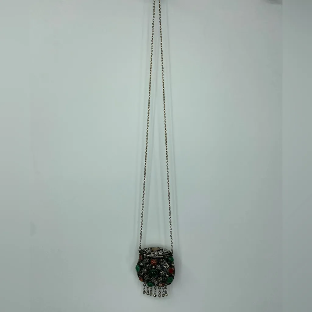 Vintage Sajai metal coin purse Necklace set with semi precious stones on a chain Orange - Image 6