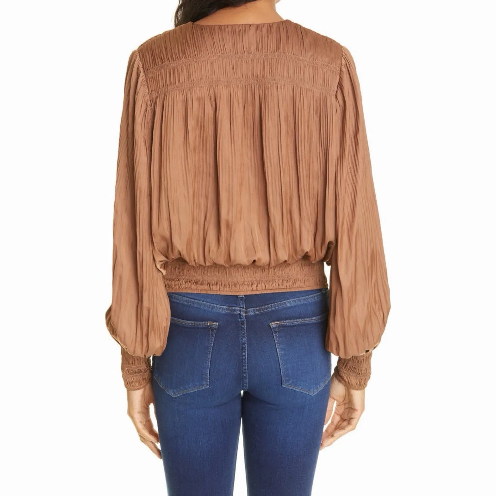 Frame Pleat Satin Bronze Blouse V-Neck Long Sleeve Smocked Top - Image 2
