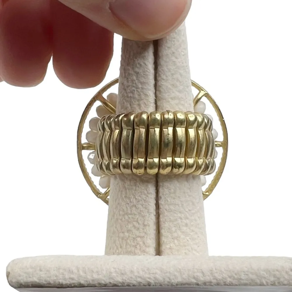 Large Round Medallion Acrylic Rhinestone Beaded Stretch Adjustable Ring - Image 3