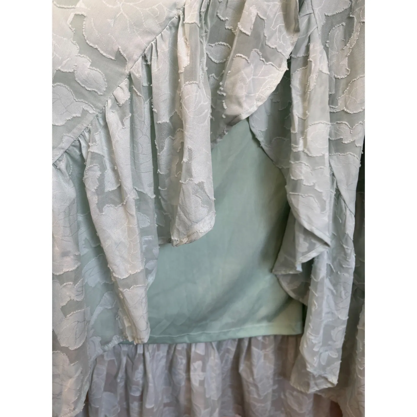 Lulus Midi Wrap Dress XL Sage Green Textured Floral Short Sleeve Fairy Frill - Image 4