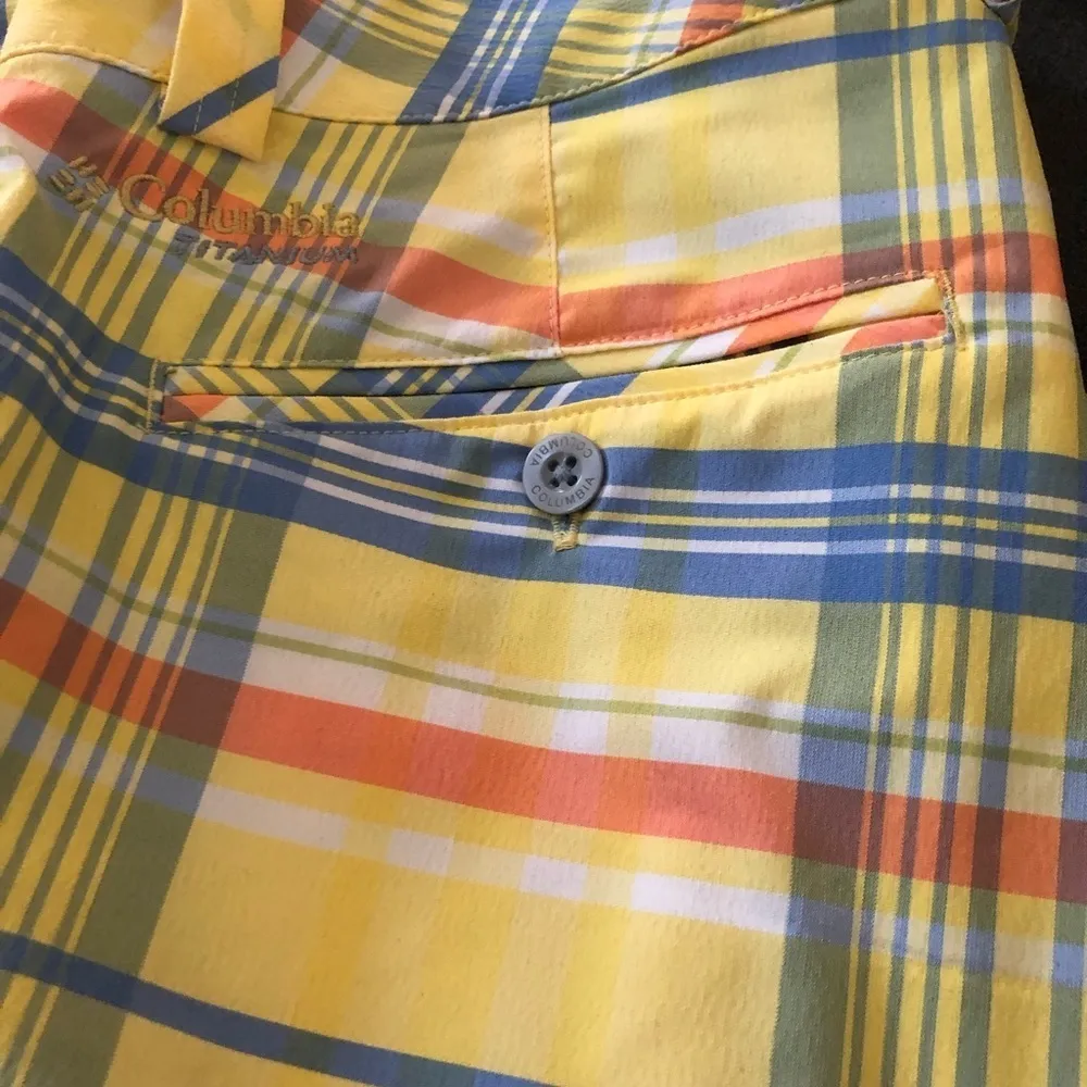 Columbia Titanium Plaid Bermuda Shorts Stretch Yellow/Blue Pockets Sz. 8 Summer - Image 4