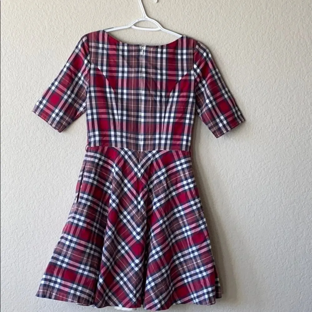 Eshakti pink blue plaid 3 quarter sleeve pockets fit n flare academia dress - Image 3