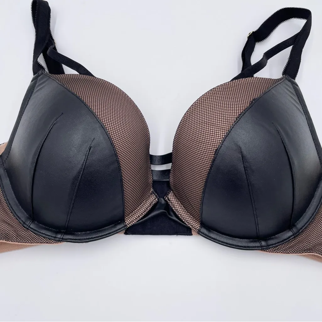 Torrid XO Plunge Push-Up Bra Size 38C Black Faux Leather Mesh Underwire Strappy - Image 6