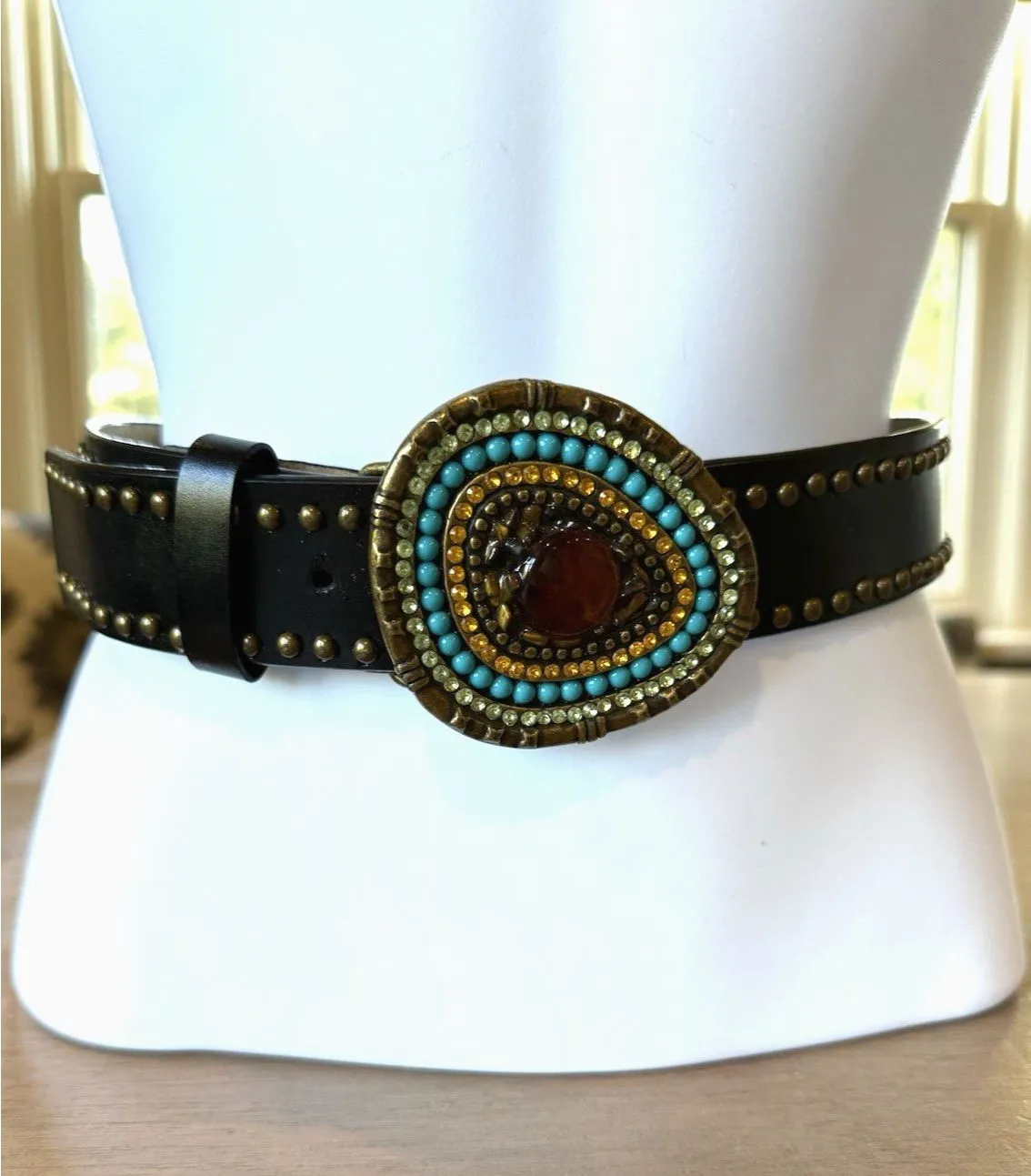 Gail Labelle Belt Leather Black Brass Studded Statement Buckle Large Vintage EUC - Image 1