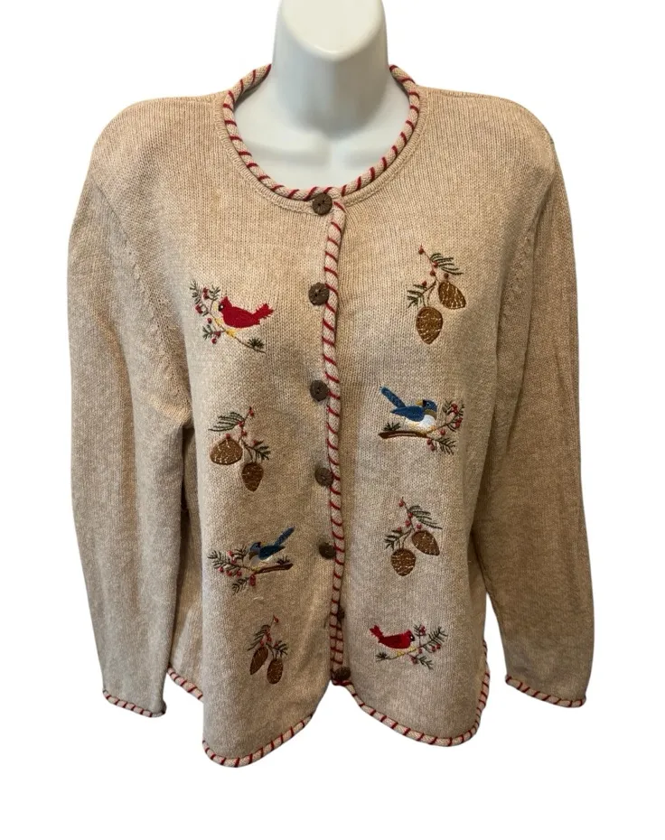 Christmas Holiday Cardigan Sz XL Tan Embroidered Cardinals Bluebirds Winter Cozy - Image 1