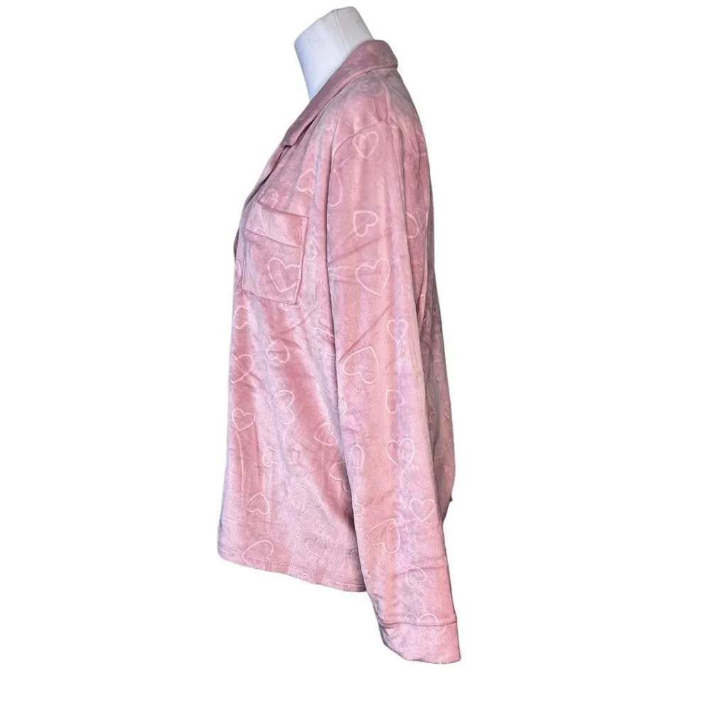 Jacklyn Intimates Pink Hearts Button Up Velour Shirt Top Sleepwear sz‎ XL Pink - Image 2