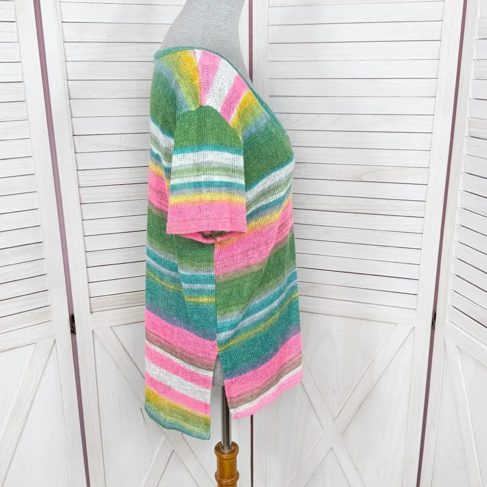 Cherish Striped‎ Mesh Knit V Neck Short Sleeve Tee Shirt Green Pink Small - Image 3