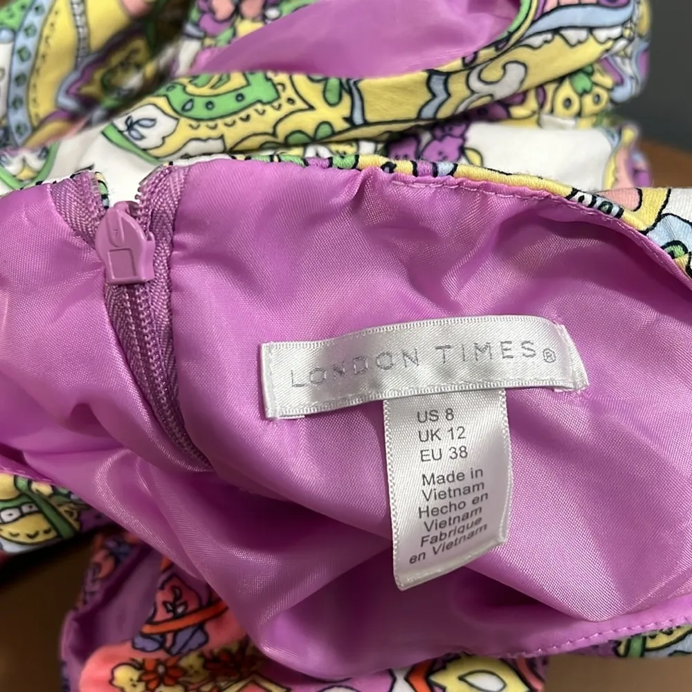 LONDON TIMES size 8 women's shift dress cotton purple & green vacation zips up - Image 4