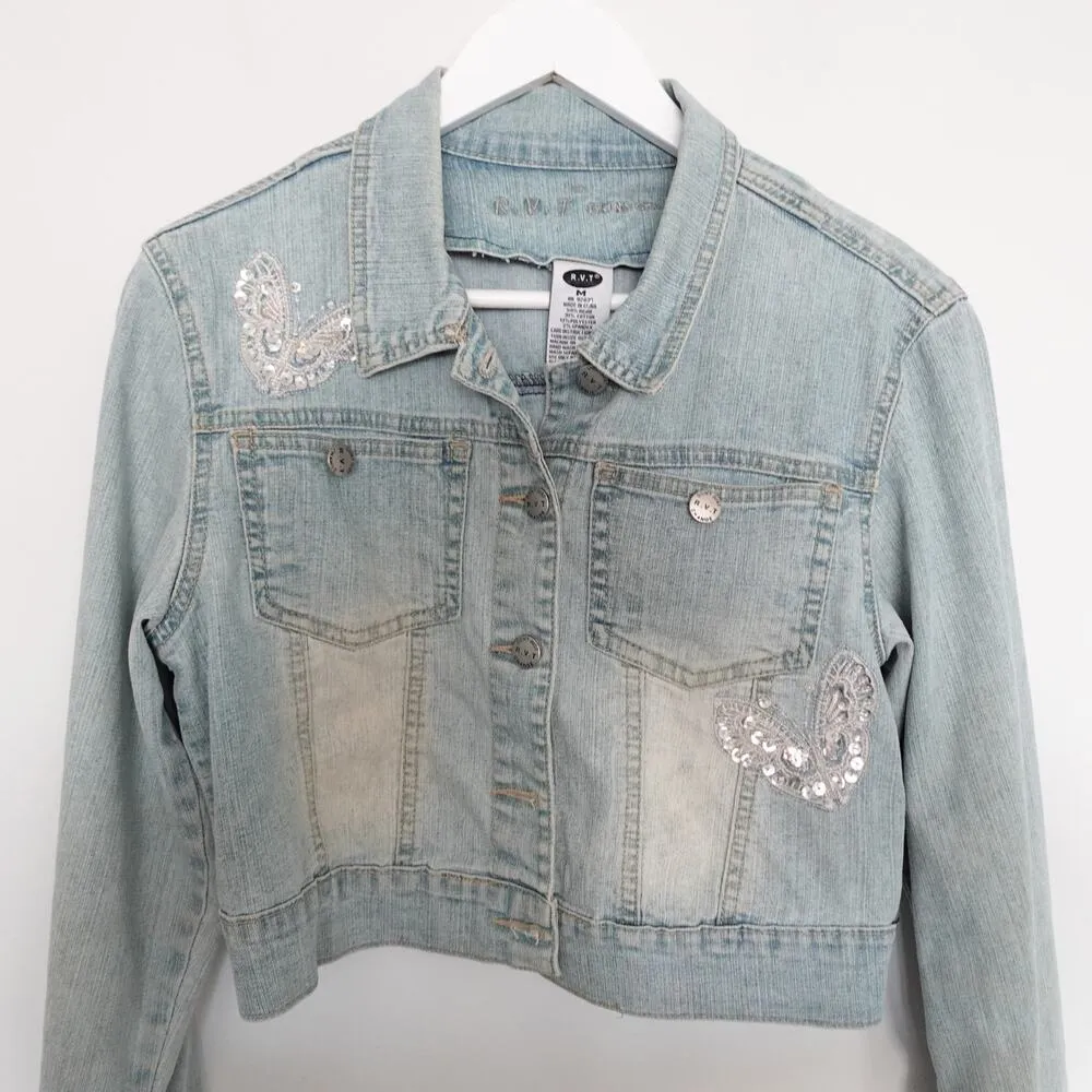 Vintage Y2K Butterfly Sequin Beaded Embroidered Light Wash Denim Jean Jacket Size M - Image 3