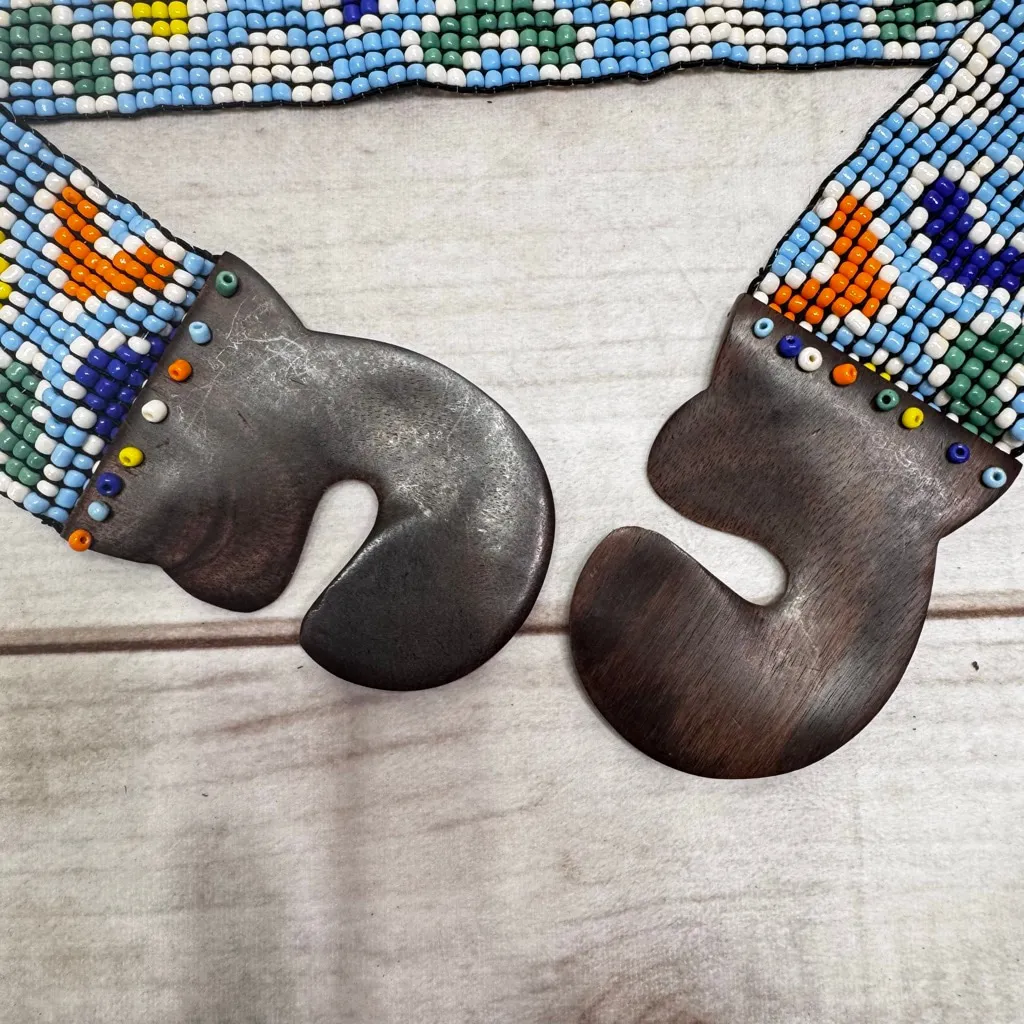 Vintage Handmade Beaded Stretch Belt Wood Buckle Southwest Indian Tribal Boho Blue - Image 4