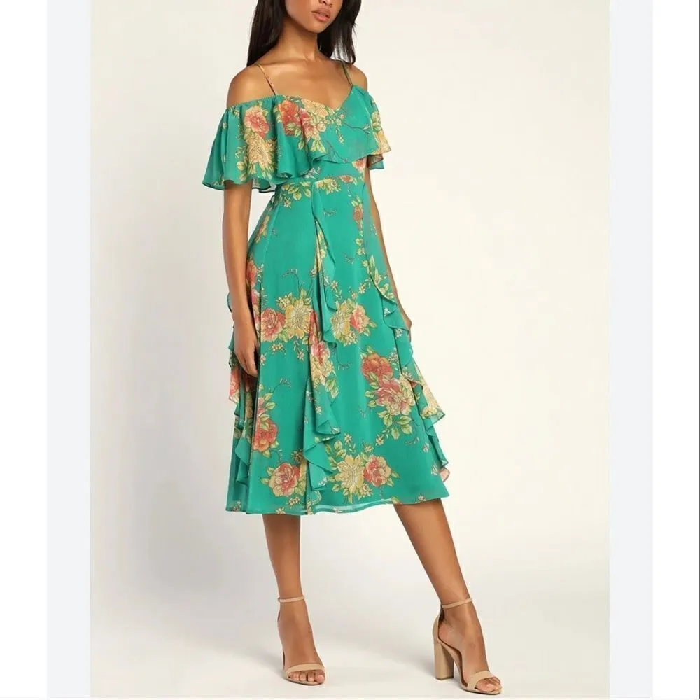 Lulus‎ Romantic Love Floral Chiffon Ruffle Cold Shoulder Midi Dress Green XS - Image 2